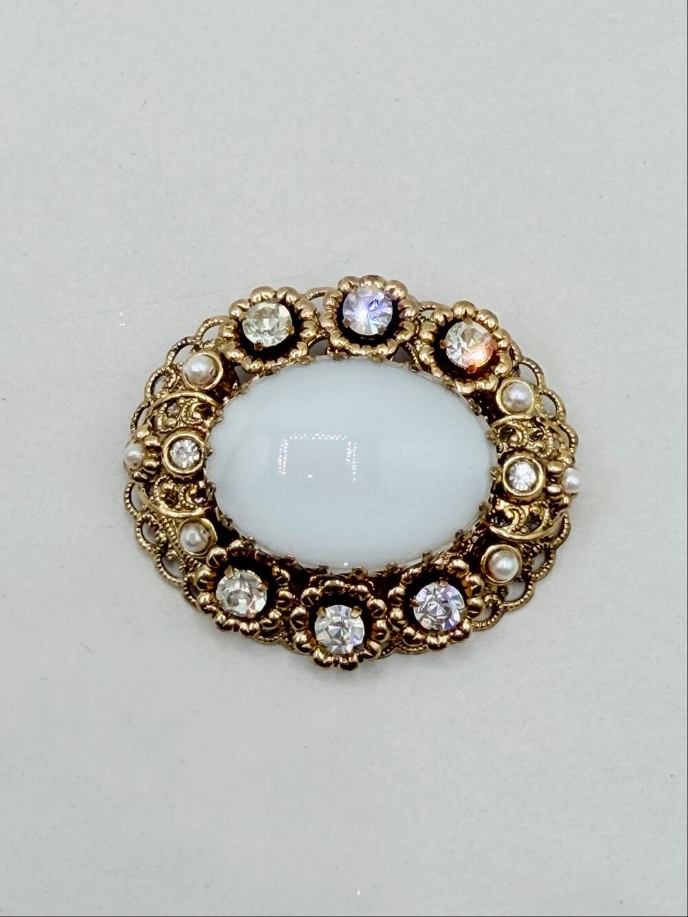 Vintage W Germany White Cabochon Rhinestone Faux Pearl Filigree Brooch